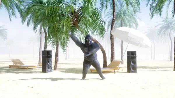 Funny gorillas and monkeys dancing on sunny seaside. Tourism and rest concept. 3d rendering.