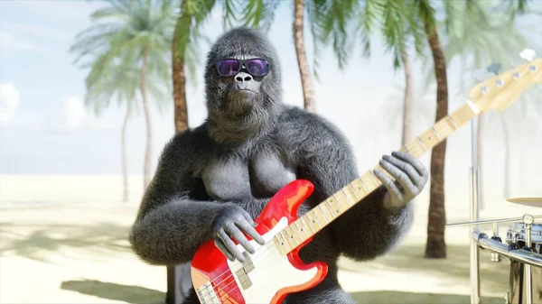 Divertenti gorilla e scimmie suonano la chitarra e la batteria. Festa rock sul mare soleggiato. rendering 3d. — Foto Stock
