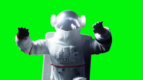 นักบินอวกาศลอยอยู่ในอวกาศ หน้าจอเขียว การแสดงผล 3D . — ภาพถ่ายสต็อก