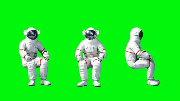 Astronaut zitten idlle. Groen scherm. 3D-rendering. — Stockfoto