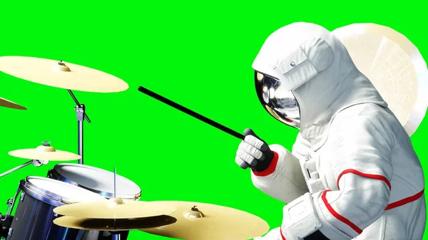 Grappige astronaut spelen op drums. Groen scherm. 3D-rendering. — Stockfoto