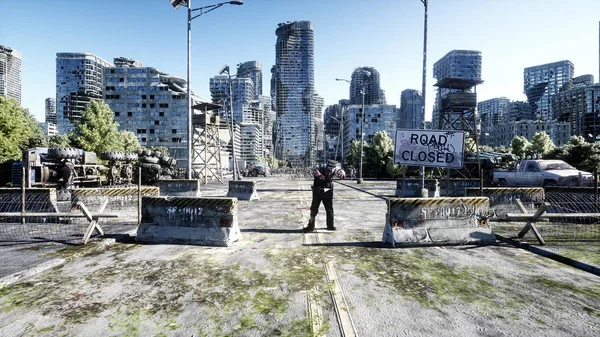 Multitud zombie horror caminando. Ciudad destruida. Vista apocalíptica, concepto. renderizado 3d . — Foto de Stock