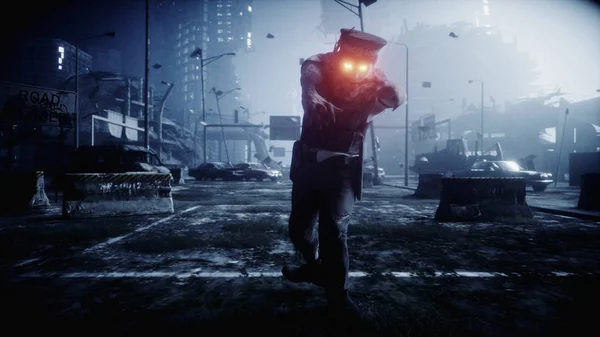 Police zombie in dark destroyed city. Fog dramatic night. Zombie apocalypse concept. 3d rendering. — Stock Photo, Image