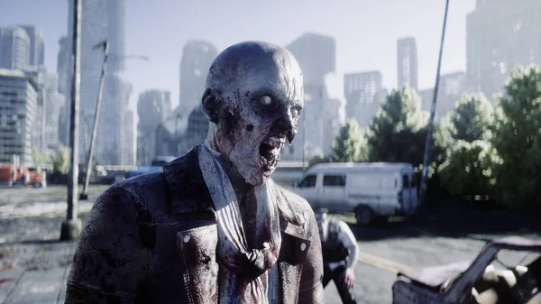 Un zombi terrible en la ciudad destruida. Concepto de apocalipsis Zombie. renderizado 3d . — Foto de Stock