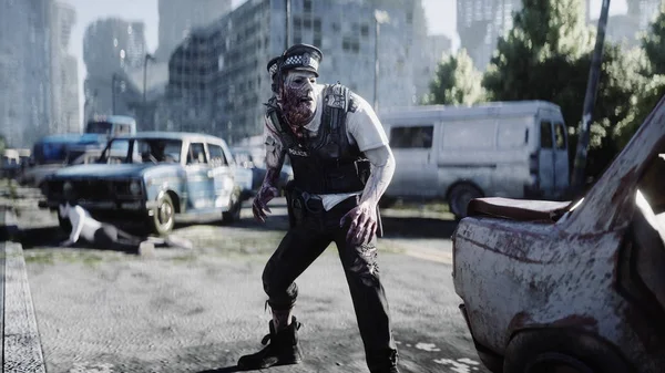 Un zombi terrible en la ciudad destruida. Concepto de apocalipsis Zombie. renderizado 3d . — Foto de Stock