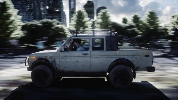 Bilen försvinner från jakten på zombier. Förstörda staden. Snabb körning. Begreppet zombieapokalyps. 3d-konvertering. — Stockfoto