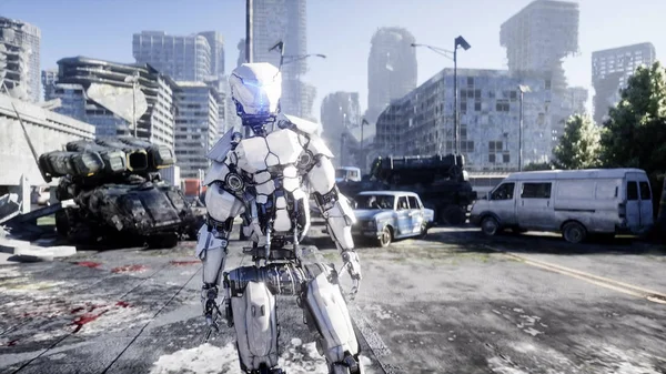 Robot militaire dans la ville détruite. Futur concept d'apocalypse. Rendu 3d . — Photo