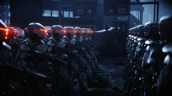 Sétáló katonai robotok. katonai robotok inváziója. Drámai apokalipszis szuper reális koncepció. Jövő. 3D-s renderelés. — Stock Fotó