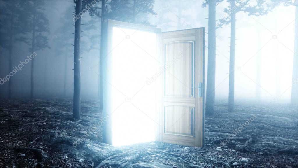 Glowing door in fog night forest. Light portal. Mistic and magic concept. 3d rendering.