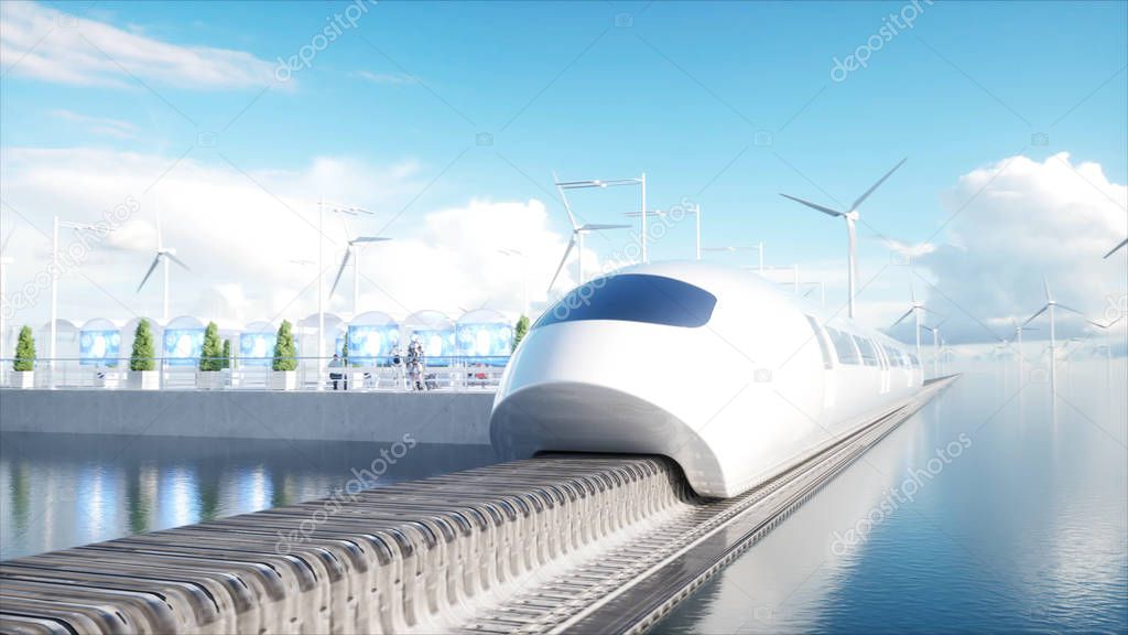 speedly Futuristic monorail train. Sci fi station. Concept of future. People and robots. Water and wind energy. 3d rendering.