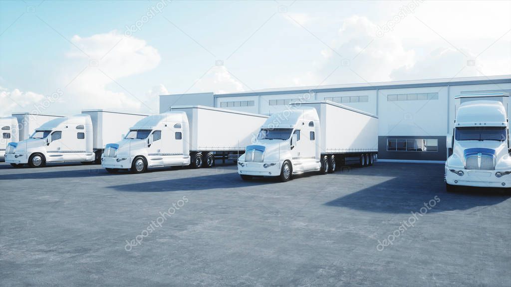 Logistics center with white 3d model of trucks. Logistic, transport and business concept. 3d rendering.