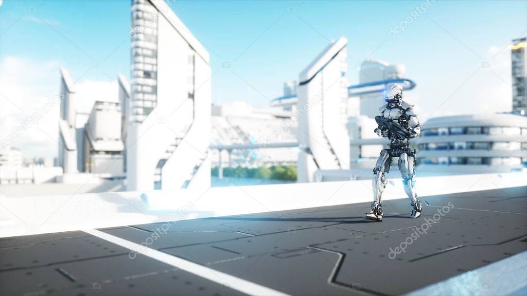 Military robot with gun walking. Futuristic city, town. 3d rendering.