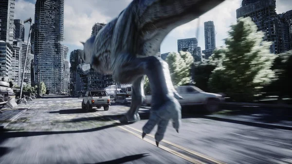 dinosaur rex running behind the car in destroyed city. Dinosaurs apocalypse. Concept of future. 3d rendering.