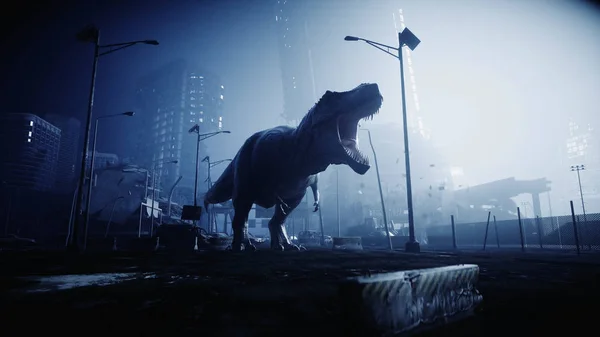 Terrível dinossauro trex na cidade destruída noite. Conceito do Apocalipse. Renderização 3d . — Fotografia de Stock