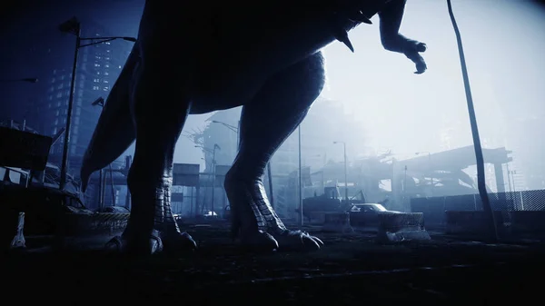 Terrible dinosaurio Trex en la noche destruyó la ciudad. Concepto de Apocalipsis. renderizado 3d . — Foto de Stock