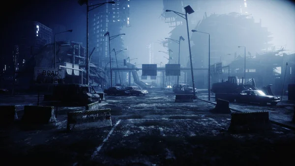 Apokalypsstaden i dimma. Flygfoto över den förstörda staden. Begreppet apokalyps. 3d-konvertering. — Stockfoto