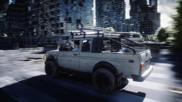 Old Car Rides Ruined City Apocalypse Concept Rendering — Stock Photo, Image