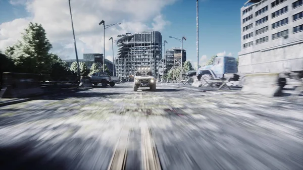 Un coche viejo cabalga en una ciudad arruinada. Concepto de Apocalipsis. renderizado 3d . —  Fotos de Stock