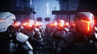 yürüyen askeri robotlar. askeri robotların işgali. Dramatik kıyamet süper gerçekçi kavram. Gelecek. 4k animasyon.