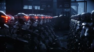 yürüyen askeri robotlar. askeri robotların işgali. Dramatik kıyamet süper gerçekçi kavram. Gelecek. 4k animasyon.