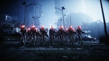 yürüyen askeri robotlar. askeri robotların işgali. Dramatik kıyamet süper gerçekçi kavram. Gelecek. 4k animasyon.