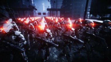 yürüyen askeri robotlar. askeri robotların işgali. Dramatik kıyamet süper gerçekçi kavram. Gelecek. 4k animasyon.