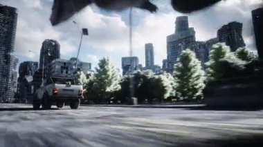 Askeri robot yok olmuş şehirde. Gelecekteki kıyamet konsepti. Gerçekçi 4k animasyon.