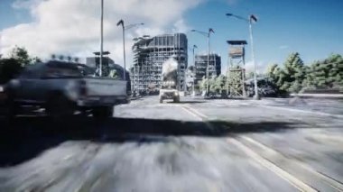 Askeri robot yok olmuş şehirde. Gelecekteki kıyamet konsepti. Gerçekçi 4k animasyon.