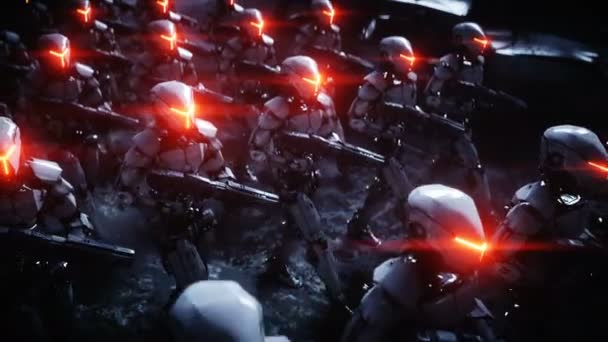 Walking military robots. invasion of military robots. Dramatic apocalypse super realistic concept. Future. 4k animation. — Stock Video