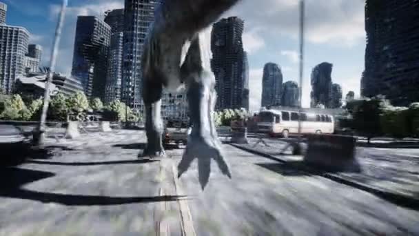 Wojskowy robot w zniszczonym mieście. Przyszła koncepcja Apokalipsy. Realistyczna animacja 4K. — Wideo stockowe