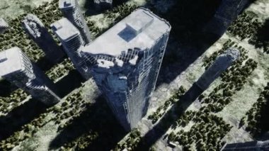 Kıyamet şehir. Yok edilen şehrin havadan görünümü. Kıyamet kavramı. Süper gerçekçi 4k animasyon.