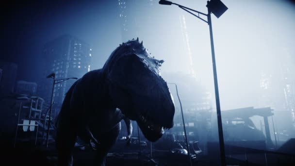 Terrible dinosaurio Trex en la noche destruyó la ciudad. Concepto de Apocalipsis. Animación realista 4K . — Vídeo de stock