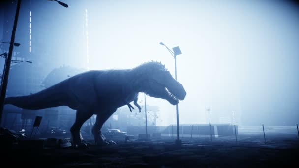 Verschrikkelijke Dinosaurus Trex Nacht Verwoestte Stad Apocalyps Concept Realistische Animatie — Stockvideo