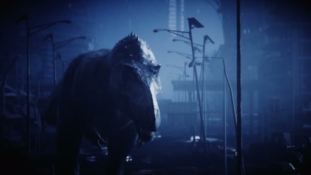 Dinosaurus trex yang mengerikan di malam hari menghancurkan kota. Konsep kiamat. Animasi 4K realistis . — Stok Video