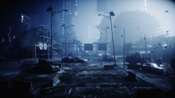 Apokalyps stad i dimma. Flygfoto över den förstörda staden. Apokalyps koncept. Super realistisk 4k animation. — Stockvideo
