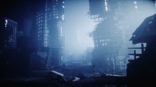 Apokalypse-Stadt im Nebel. Luftaufnahme der zerstörten Stadt. Apokalypse-Konzept. super realistische 4k Animation. — Stockvideo