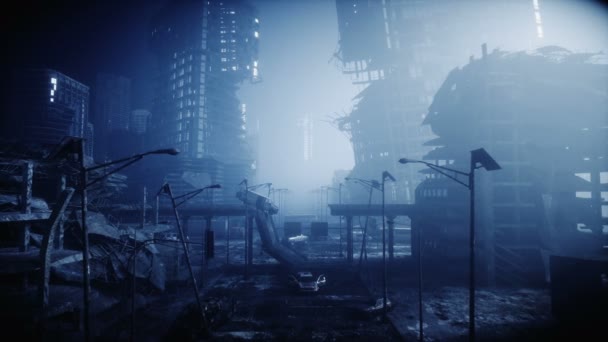 Apokalypse-Stadt im Nebel. Luftaufnahme der zerstörten Stadt. Apokalypse-Konzept. super realistische 4k Animation. — Stockvideo