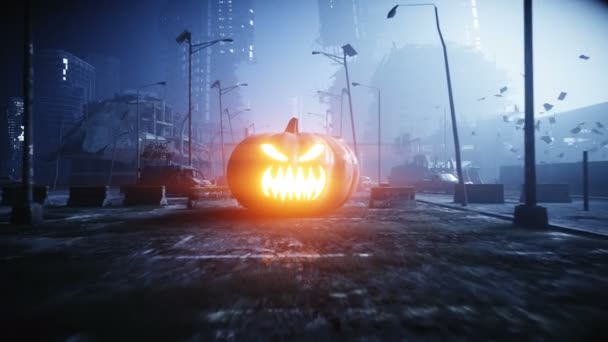 Calabaza Halloween Noche Destruyó Ciudad Concepto Apocalipsis Animación Súper Realista — Vídeo de stock