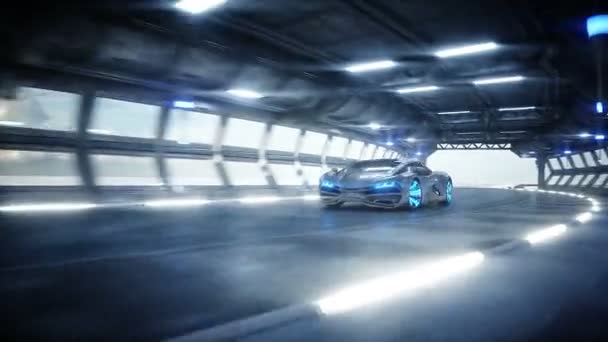 Coche futurista conducción rápida en túnel de ciencia ficción, corredor. Concepto de futuro. Animación realista 4k . — Vídeos de Stock