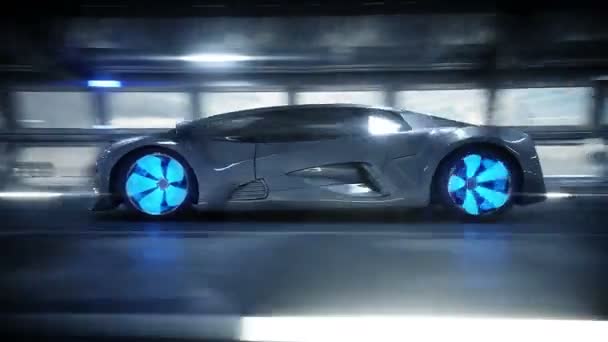 サイエンスフィクショントンネル、コリドーで未来的な車の高速運転。未来の概念。リアルな4Kアニメーション. — ストック動画