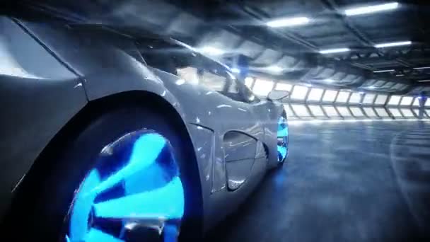 サイエンスフィクショントンネル、コリドーで未来的な車の高速運転。未来の概念。リアルな4Kアニメーション. — ストック動画