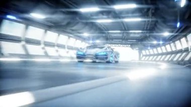 bilim kurgu tünelinde fütüristik araba hızlı sürüş, coridor. Gelecek kavramı. Gerçekçi 4k animasyon.