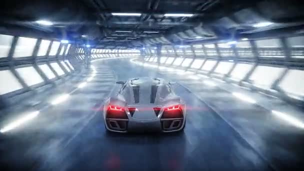 Futuristic car fast driving in sci fi tunnel, coridor. Concept of future. Realistic 4k animation. — Stock Video