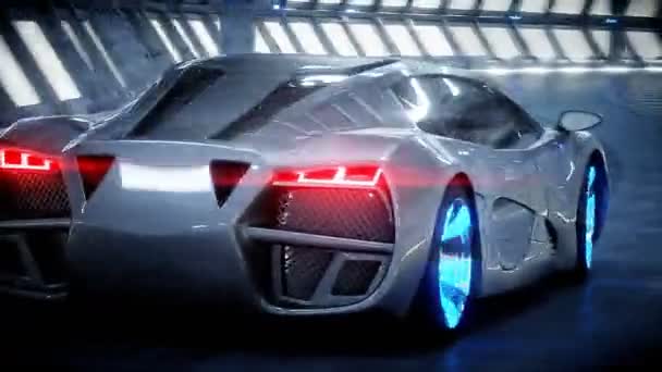 Футуристичний автомобіль швидко їде в науково-фантастичному тунелі, коридор. Концепція майбутнього. Реалістична анімація 4k . — стокове відео