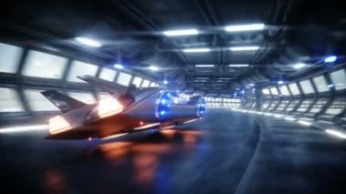 uçan araba sci fi tünelde, koridor sürüş hızlı fütüristik. Gelecek kavramı. Gerçekçi 4 k animasyon.