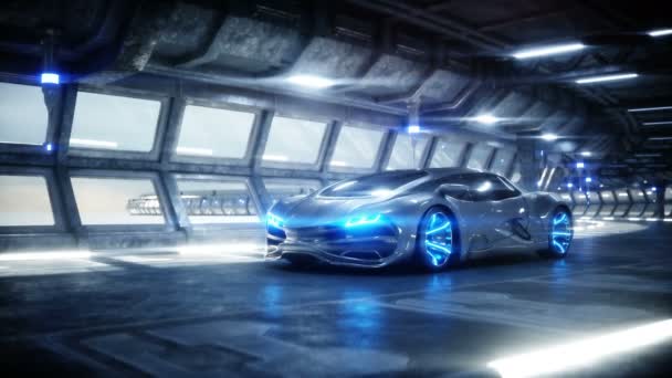 Futuristische auto in Sci Fi tunnel, coridor. Concept van de toekomst. Realistische 4k-animatie. — Stockvideo