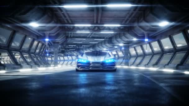 Voiture futuriste dans le tunnel de science-fiction, coridor. Concept d'avenir. Animation réaliste 4k . — Video