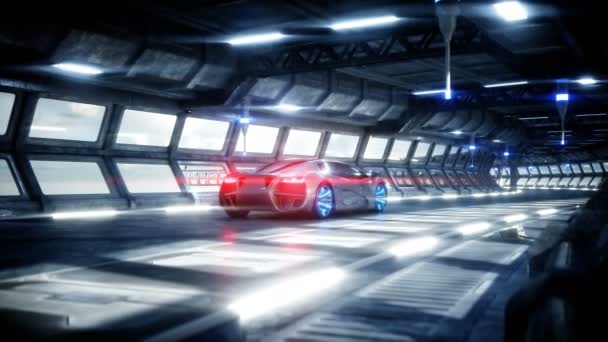 Voiture futuriste dans le tunnel de science-fiction, coridor. Concept d'avenir. Animation réaliste 4k . — Video