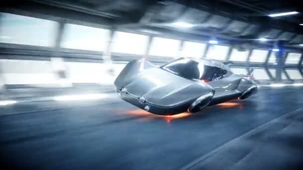Futuristic flying car fast driving in sci fi tunnel, coridor. Concept of future. Realistic 4k animation. — Stock Video