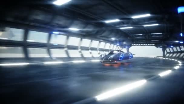 Futuristic flying car fast driving in sci fi tunnel, coridor. Concept of future. Realistic 4k animation. — Stock Video